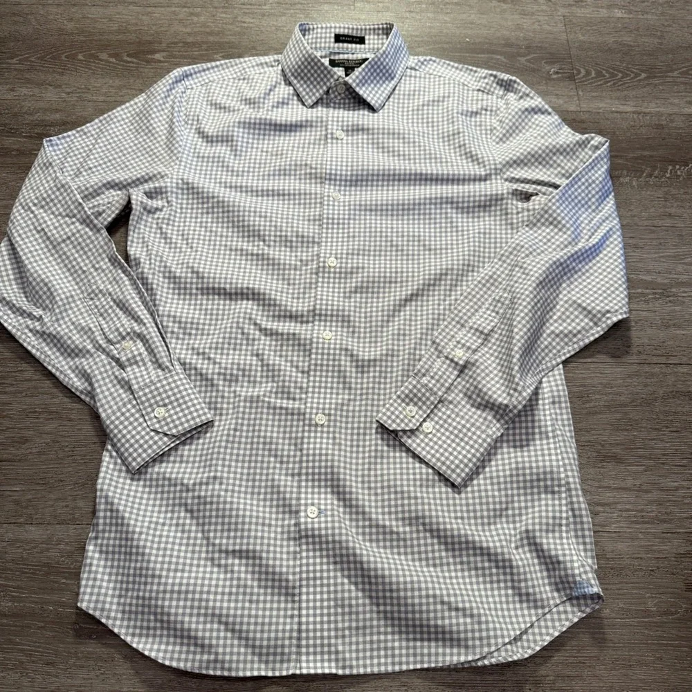 Banana Republic Shirt Mens M Gray Gingham Cotton Stretch Non-Iron Grant Fit LS